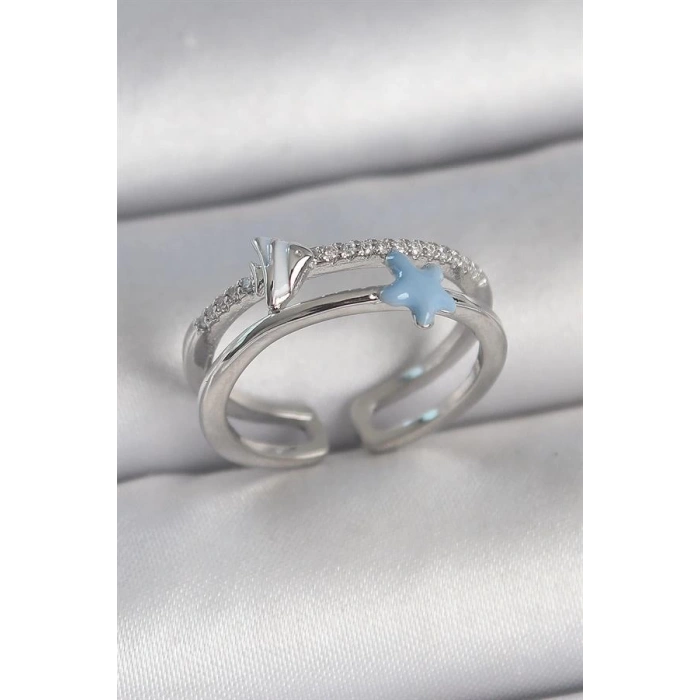 Pirinç Gümüş Renk 2Li Zirkon Taşlı Mavi Yıldız Figür Ayarlanabilir Kadın Yüzük