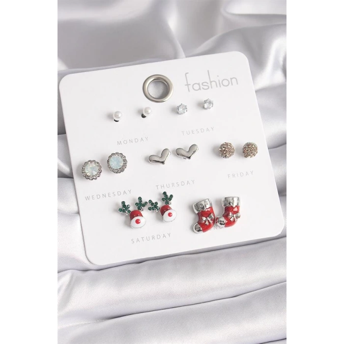 Pirinç Gümüş Renk 7 Çift Zirkon Taşlı Yıl Başı Temalı Kadın Küpe Seti