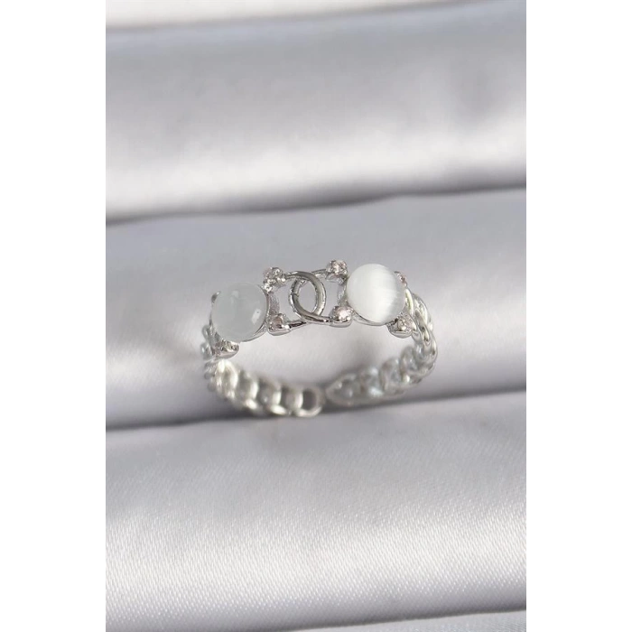 Pirinç Gümüş Renk Ayarlanabilir Zirkon Taşlı Beyaz Mineli Birleşik Halka Model Kadın Yüzük