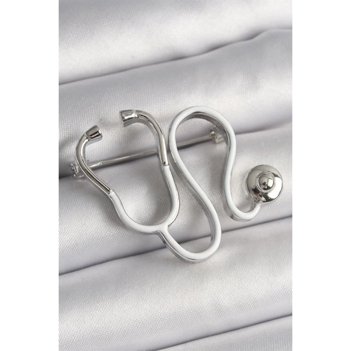 Pirinç Gümüş Renk Beyaz Steteskop Model Kadın Broş