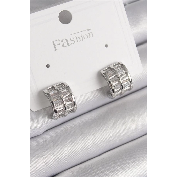 Pirinç Gümüş Renk Çift Sıra Zirkon Taşlı Kadın Küpe