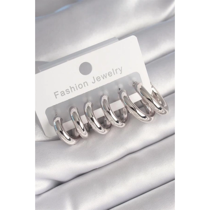 Pirinç Gümüş Renk Halka Kadın Küpe Seti