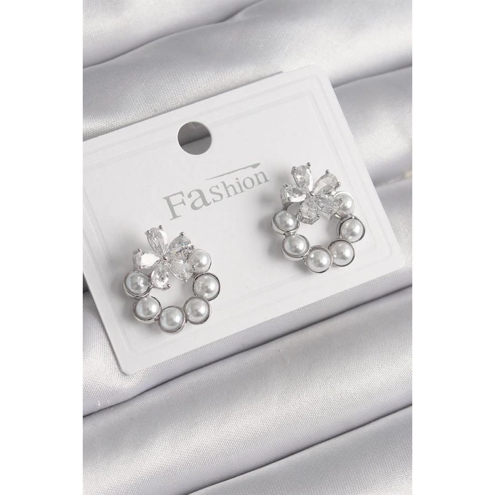 Pirinç Gümüş Renk İncili Halka Model Zirkon Taşlı Çiçek Detay Kadın Küpe