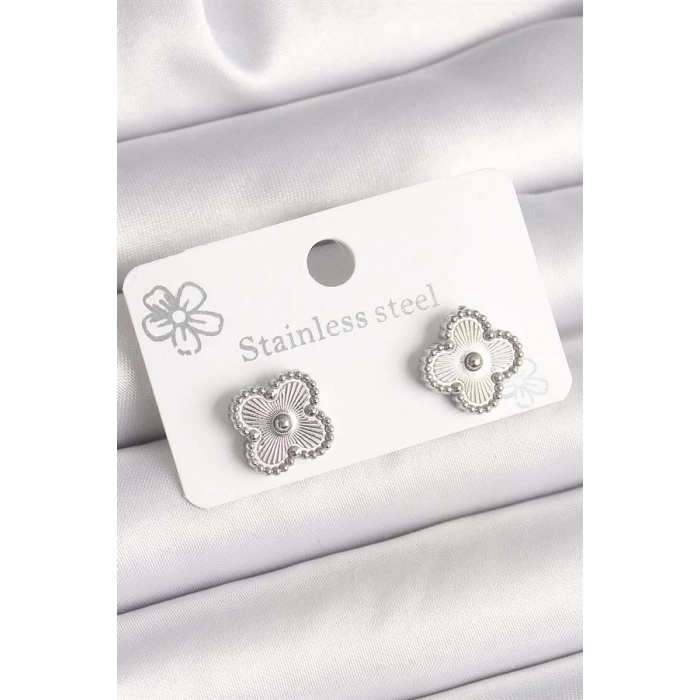 Pirinç Gümüş Renk İşlemeli Yonca Model Kadın Küpe