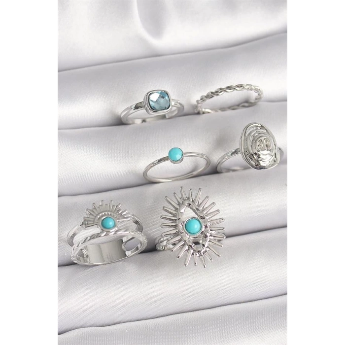 Pirinç Gümüş Renk Mavi Taşlı Kare Zirkon Taş Detaylı Kadın Yüzük Kombini