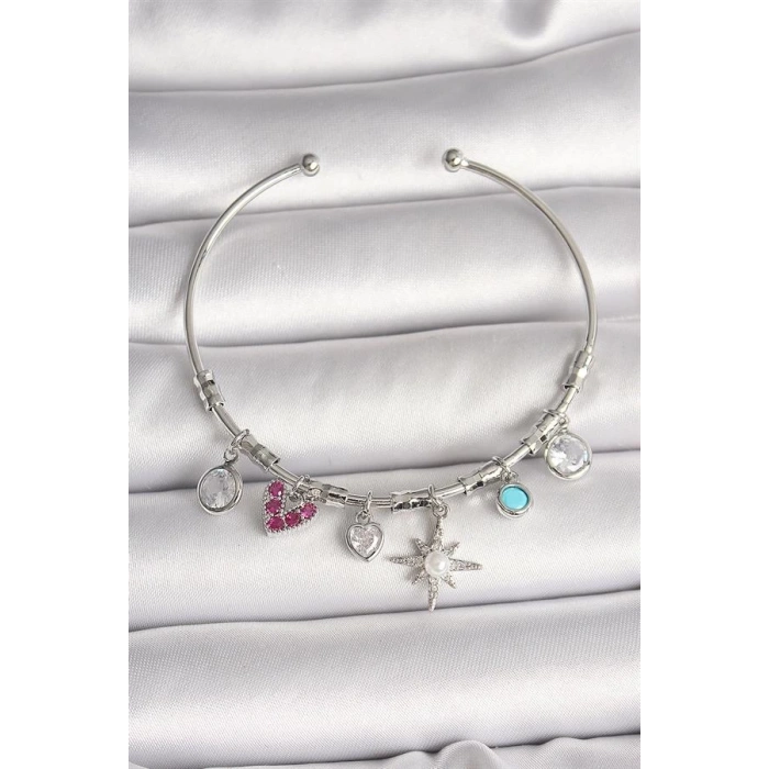 Pirinç Gümüş Renk Sallantı Zirkon Taşlı Kutup Yıldız Figür Kalp Detay Charm Kadın Bileklik