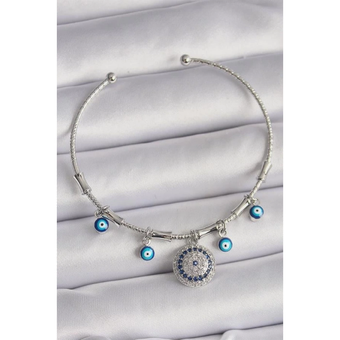 Pirinç Gümüş Renk Sallantı Zirkon Taşlı Nazar Boncuk Figür Charm Bileklik