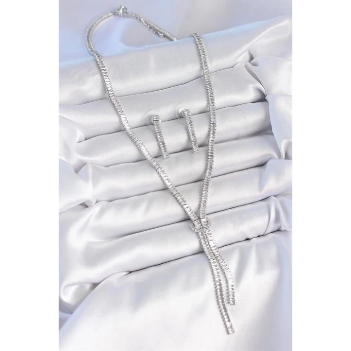 Pirinç Gümüş Renk Su Yolu Zirkon Taşlı VIP Seri Kadın Kolye Seti