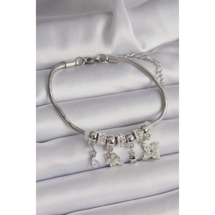 Pirinç Gümüş Renk Zincir Sallantı Zirkon Taşlı Yonca Figür Charm Bileklik