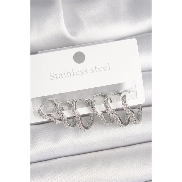 Pirinç Gümüş Renk Zirkon Taşlı 3 Çift Kalp Model Kadın Küpe