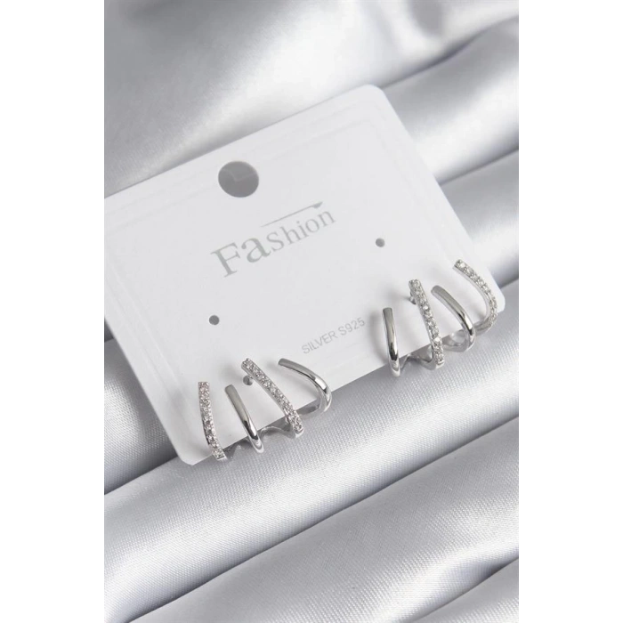 Pirinç Gümüş Renk Zirkon Taşlı Çatal Model Kadın Küpe