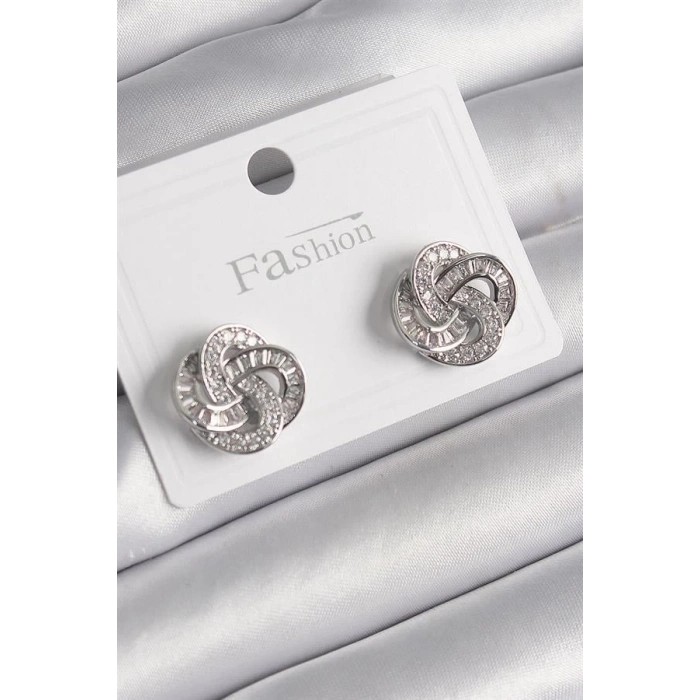 Pirinç Gümüş Renk Zirkon Taşlı Çiçek Model Kadın Küpe