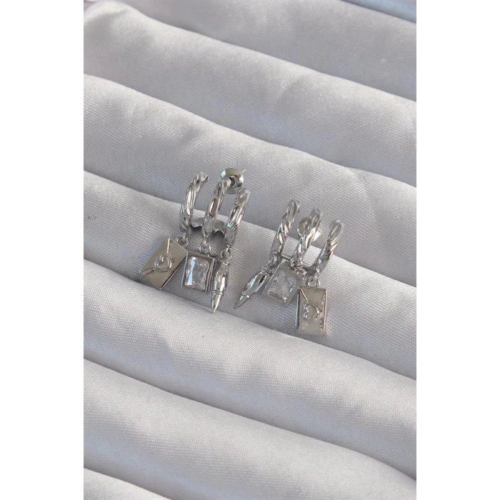 Pirinç Gümüş Renk Zirkon Taşlı Çoklu Aksesuarlı Yarım Halka Kaburga Küpe