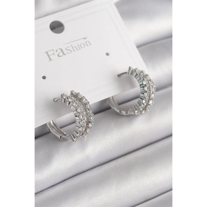 Pirinç Gümüş Renk Zirkon Taşlı Halka Model Kadın Küpe