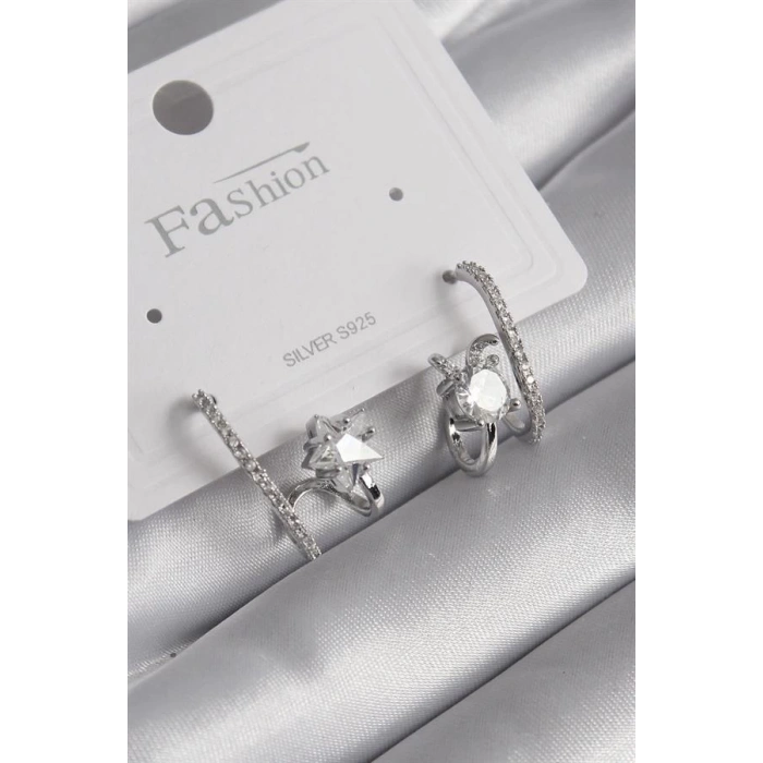 Pirinç Gümüş Renk Zirkon Taşlı Kadın Küpe