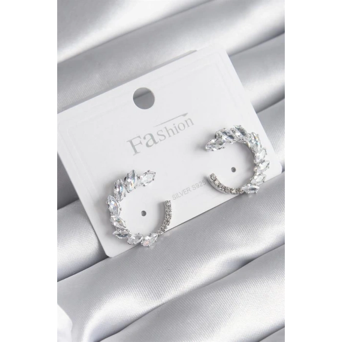 Pirinç Gümüş Renk Zirkon Taşlı Kadın Küpe