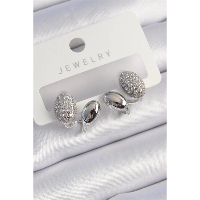 Pirinç Gümüş Renk Zirkon Taşlı Kadın Küpe