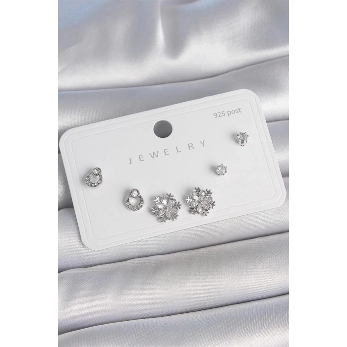 Pirinç Gümüş Renk Zirkon Taşlı Kar Tanesi Model 925 Ayar Gümüş Çivi Kadın Küpe Seti