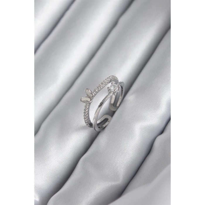 Pirinç Gümüş Renk Zirkon Taşlı Kelebek Model Kadın Yüzük