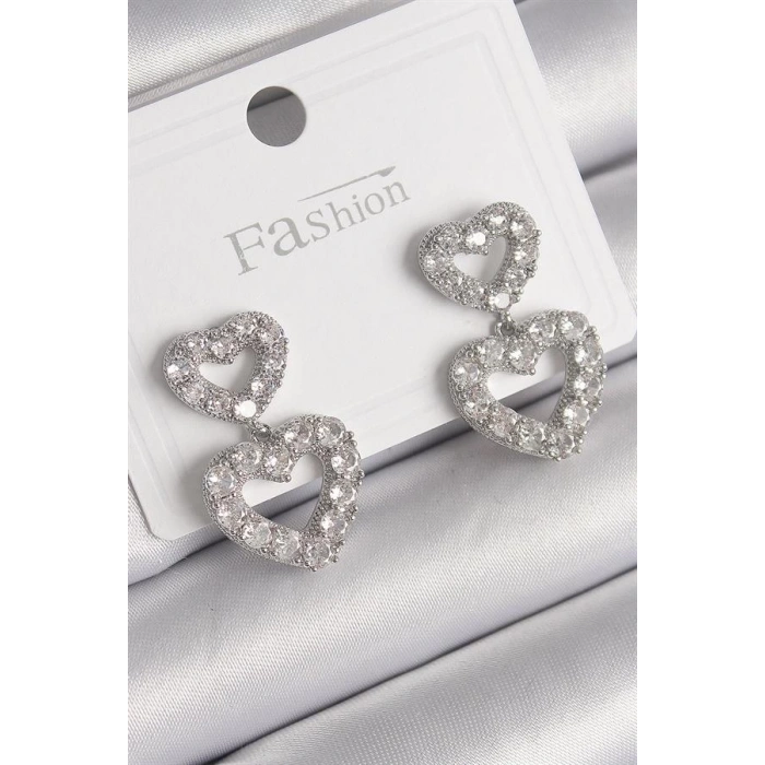 Pirinç Gümüş Renk Zirkon Taşlı Sallantı Kalp Model Kadın Küpe