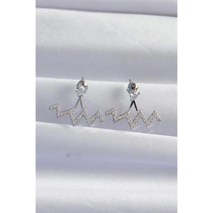 Pirinç Gümüş Renk Zirkon Taşlı Zikzak Küpe