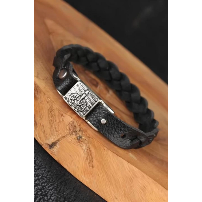 Siyah Örgü Model Deri Erkek Bileklik
