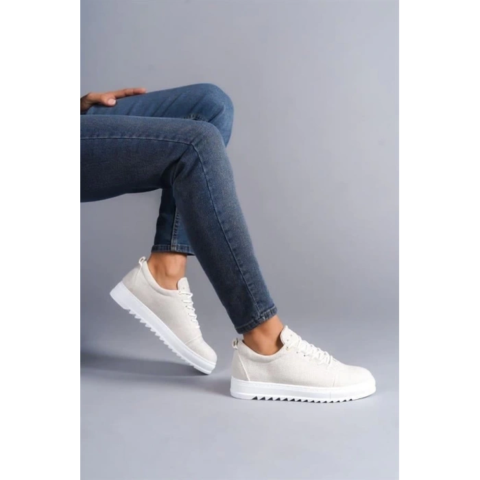 SLW152 Cool Bağcıklı Keten Erkek Günlük Spor Klasik Ayakkabı KBT - Beyaz