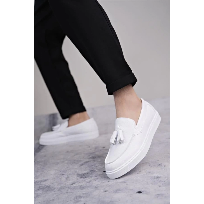 SLW153 Bloom Bağcıksız Püsküllü Cilt Erkek Günlük Spor Klasik Ayakkabı CBT - Beyaz