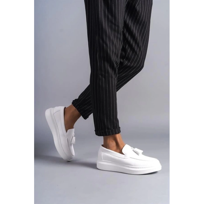 SLW154 Blaze Bağcıksız Püsküllü Cilt Erkek Günlük Spor Klasik Ayakkabı CBT - Beyaz