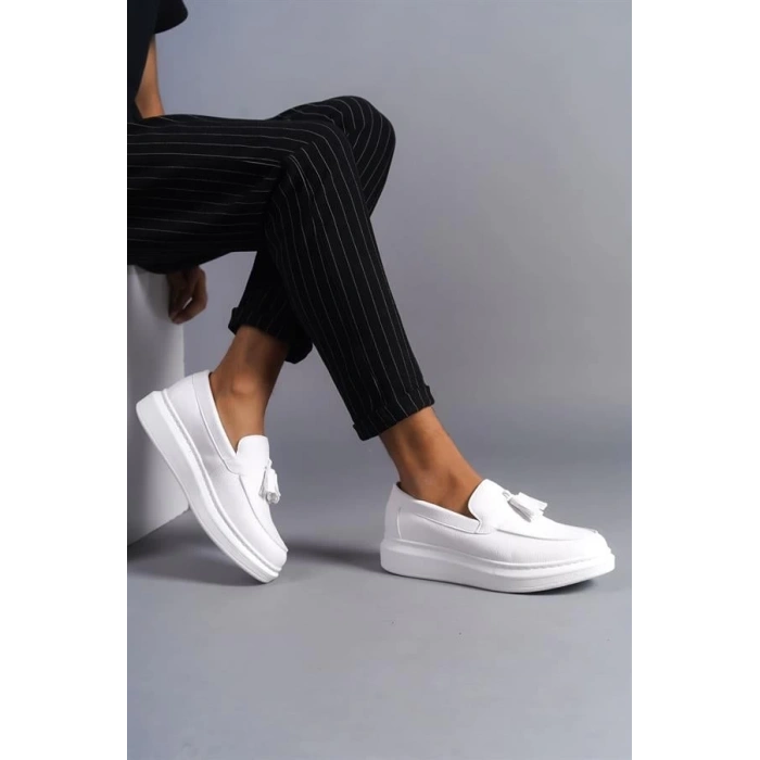 SLW154 Blaze Bağcıksız Püsküllü Cilt Erkek Günlük Spor Klasik Ayakkabı CBT - Beyaz