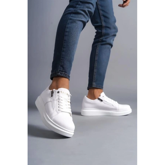 SLW155 Warrior Bağcıklı ve Fermuarlı Cilt Erkek Günlük Sneaker Ayakkabı CBT - Beyaz