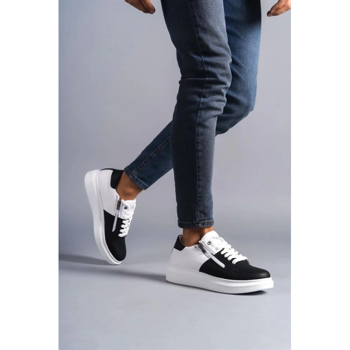 SLW155 Warrior Bağcıklı ve Fermuarlı Cilt Erkek Günlük Sneaker Ayakkabı CBT - Beyaz/Siyah