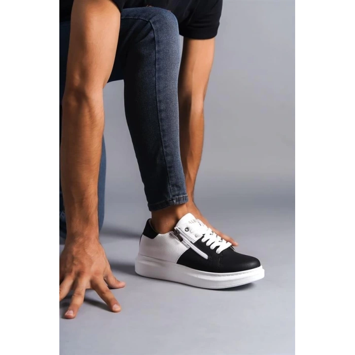 SLW155 Warrior Bağcıklı ve Fermuarlı Cilt Erkek Günlük Sneaker Ayakkabı CBT - Beyaz/Siyah