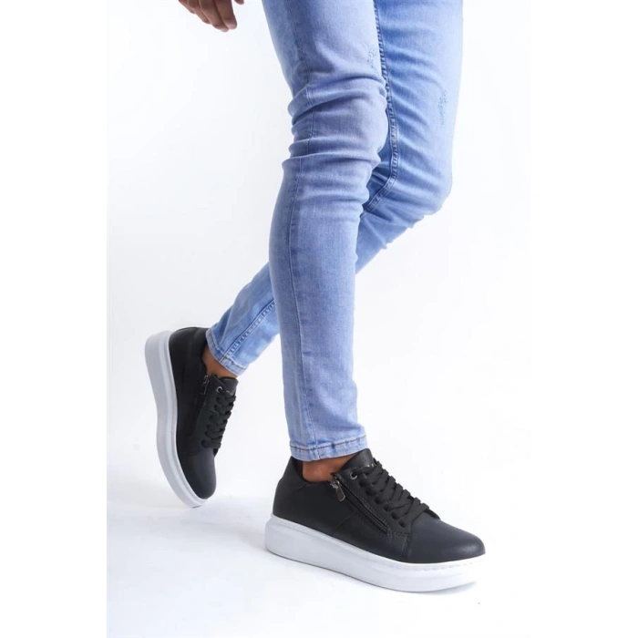 SLW155 Warrior Bağcıklı ve Fermuarlı Cilt Erkek Günlük Sneaker Ayakkabı CBT - Siyah