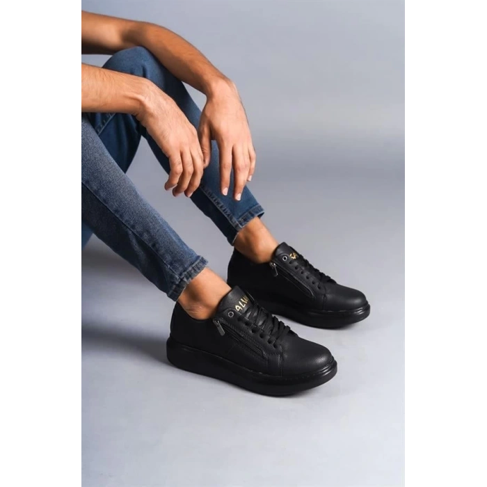 SLW155 Warrior Bağcıklı ve Fermuarlı Cilt Erkek Günlük Sneaker Ayakkabı CST - Siyah