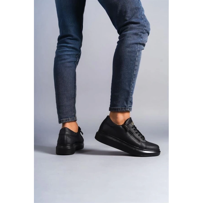 SLW155 Warrior Bağcıklı ve Fermuarlı Cilt Erkek Günlük Sneaker Ayakkabı CST - Siyah