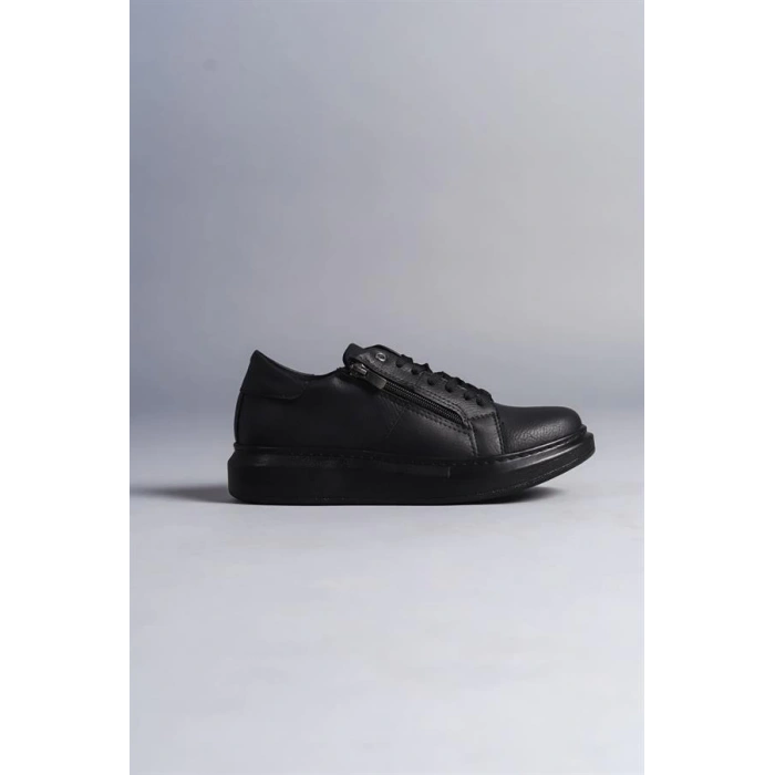 SLW155 Warrior Bağcıklı ve Fermuarlı Cilt Erkek Günlük Sneaker Ayakkabı CST - Siyah