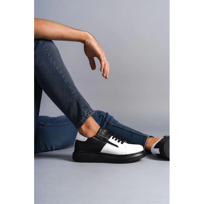 SLW155 Warrior Bağcıklı ve Fermuarlı Cilt Erkek Günlük Sneaker Ayakkabı CST - Siyah/Beyaz