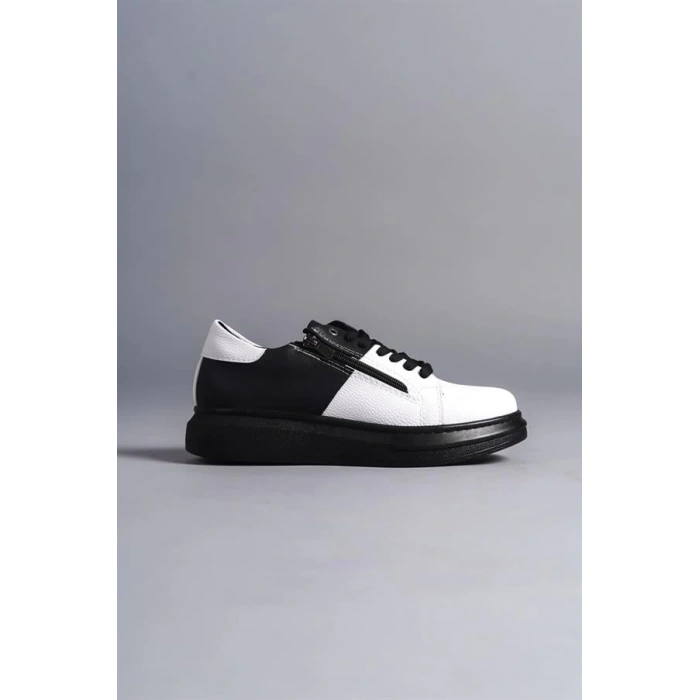 SLW155 Warrior Bağcıklı ve Fermuarlı Cilt Erkek Günlük Sneaker Ayakkabı CST - Siyah/Beyaz