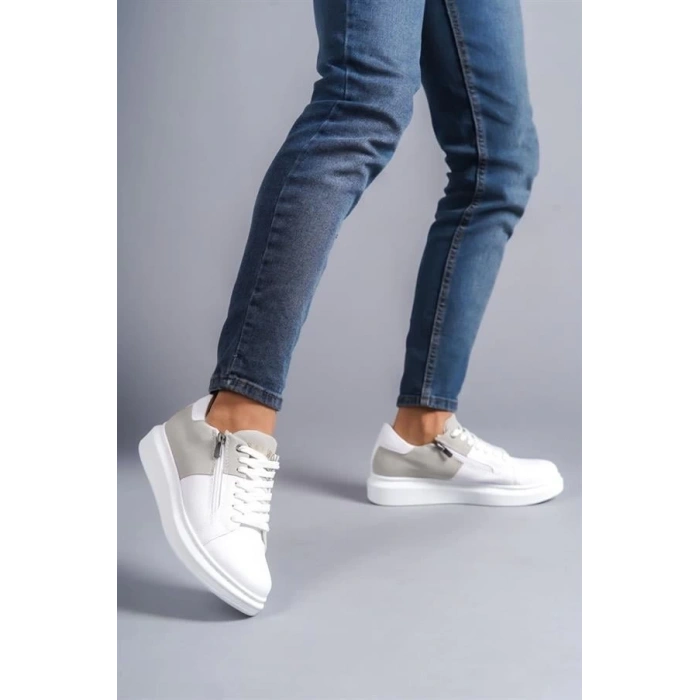 SLW155 Warrior Bağcıklı ve Fermuarlı Cilt Süet Erkek Günlük Sneaker Ayakkabı CSBT - Beyaz/Gri