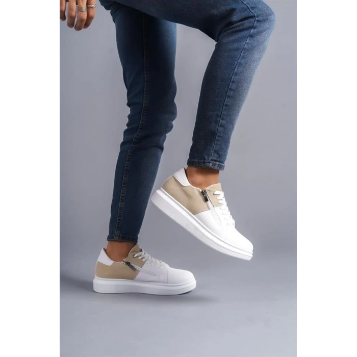 SLW155 Warrior Bağcıklı ve Fermuarlı Cilt Süet Erkek Günlük Sneaker Ayakkabı CSBT - Beyaz/Krem