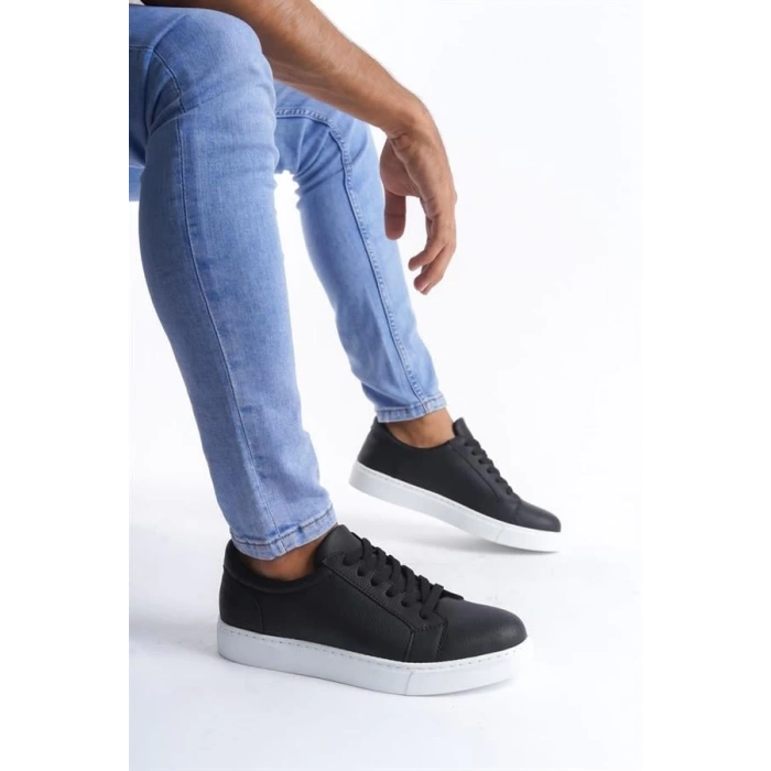 SLW165 Elite Bağcıklı Cilt Erkek Günlük Sneaker Ayakkabı CBT - Siyah