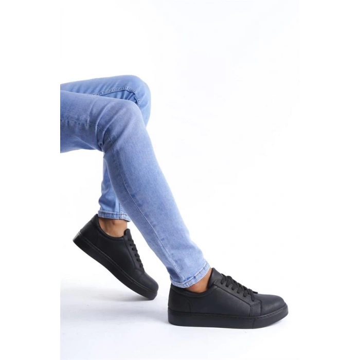 SLW165 Elite Bağcıklı Cilt Erkek Günlük Sneaker Ayakkabı CST - Siyah