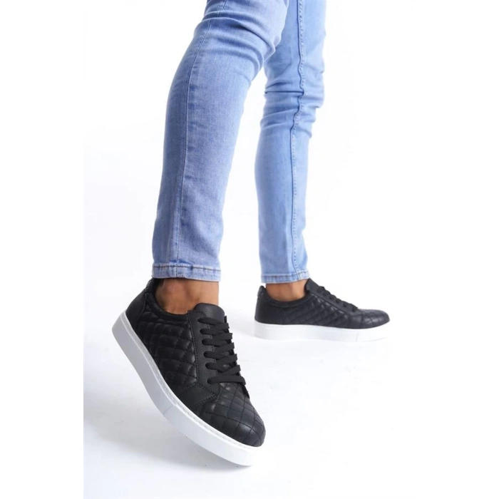 SLW166 Prestige Bağcıklı Cilt Kapitone Desenli Erkek Günlük Sneaker Ayakkabı CBT - Siyah