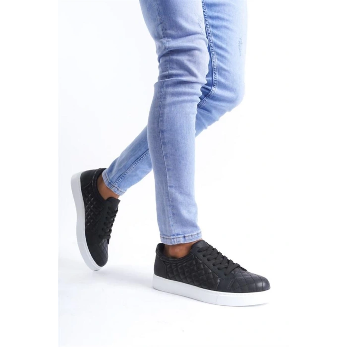 SLW166 Prestige Bağcıklı Cilt Kapitone Desenli Erkek Günlük Sneaker Ayakkabı CBT - Siyah