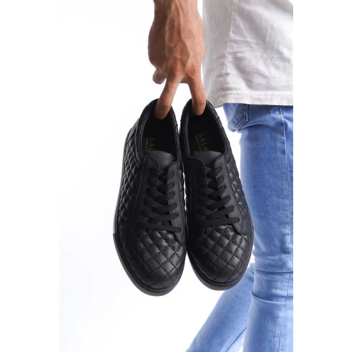 SLW166 Prestige Bağcıklı Cilt Kapitone Desenli Erkek Günlük Sneaker Ayakkabı CST - Siyah