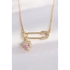 316L Çelik Zincir Altın Renk Zirkon Taşlı Kalp Detay Çengelli İğne Tasarımlı Kolye