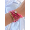 Pembe Zirkon Taşlı İpli Püskül Detay Çoklu Bileklik