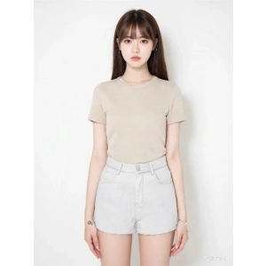 15339774 Likralı Fitilli Slim Fit Kadın T-Shirt Bej