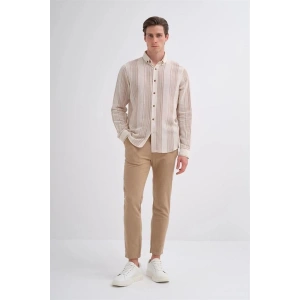 2007 Dik Çizgi Desenli Keten Uzun Kollu Erkek Gömlek Bej